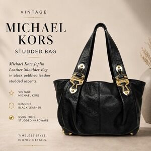 Michael Kors Joplin Black Pebbled Leather Studded Vintage Shoulder Bag Gold Tone